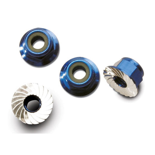 Traxxas 4mm Blue Aluminum Flanged Serrated Nuts (4)