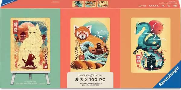 Ukiyo-E Cat Warrior, Red Panda & Dragon Puzzle - 3 in a Box!