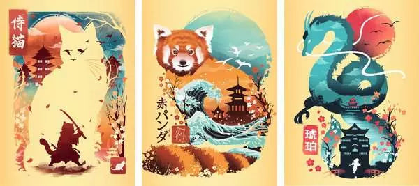 Ukiyo-E Cat Warrior, Red Panda & Dragon Puzzle - 3 in a Box!