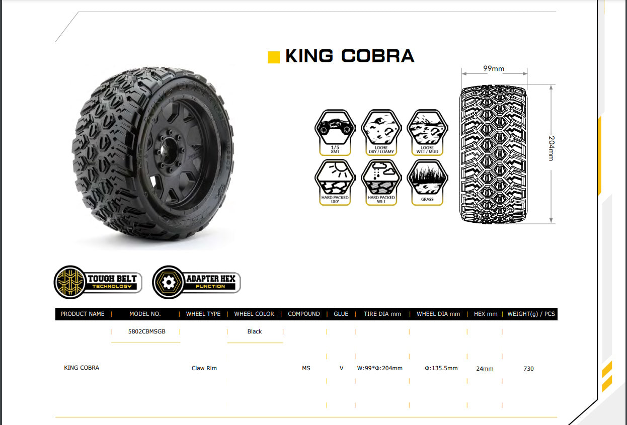 Ex-King Cobra 1/5 Belted Tires (x2) - Pre-Mounted