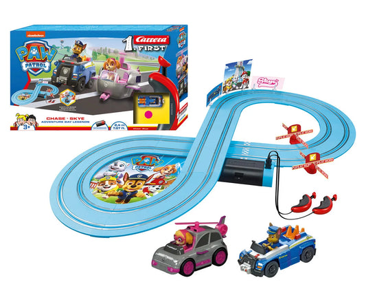 Carrera First Paw Patrol Adventure Bay Legends Slot Car Racing Track Set (Chase vs Skye) w/Spinners